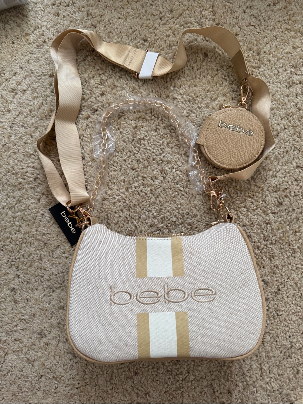 bebe Neutral Canvas Crossbody with Coin Pouch and Wide Strap